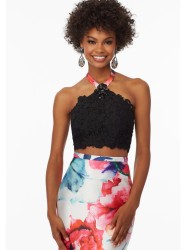 Two-Piece Floral Satin Skirt with Black Lace Top