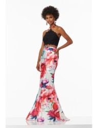 Two-Piece Floral Satin Skirt with Black Lace Top